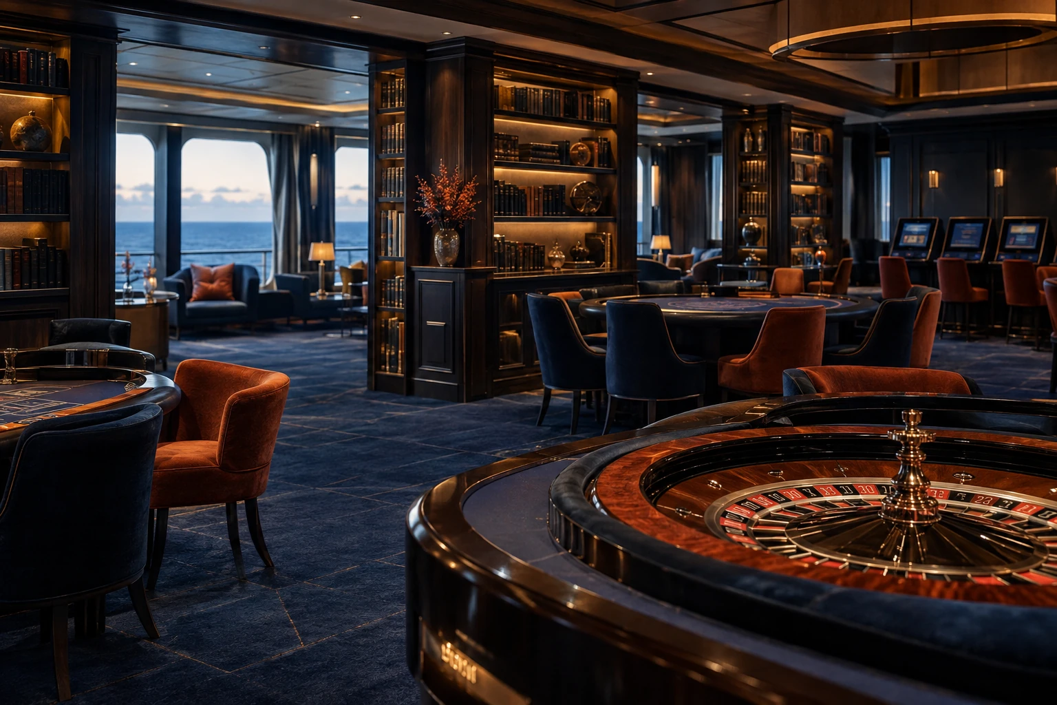 Library-like onboard casino with card and roulette tables in indigo and persimmon tones