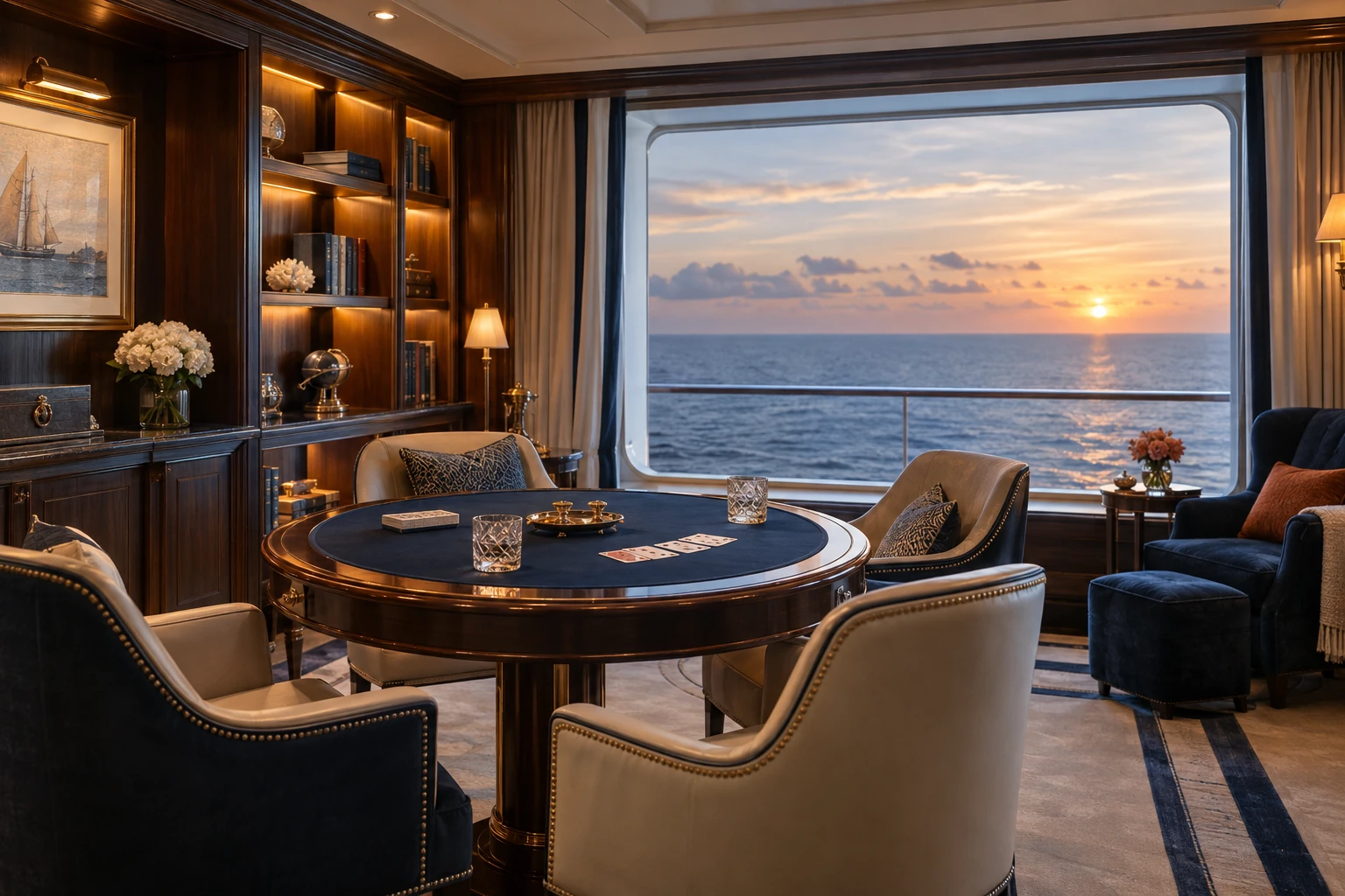 Private onboard gaming salon with one table and a wide sea horizon