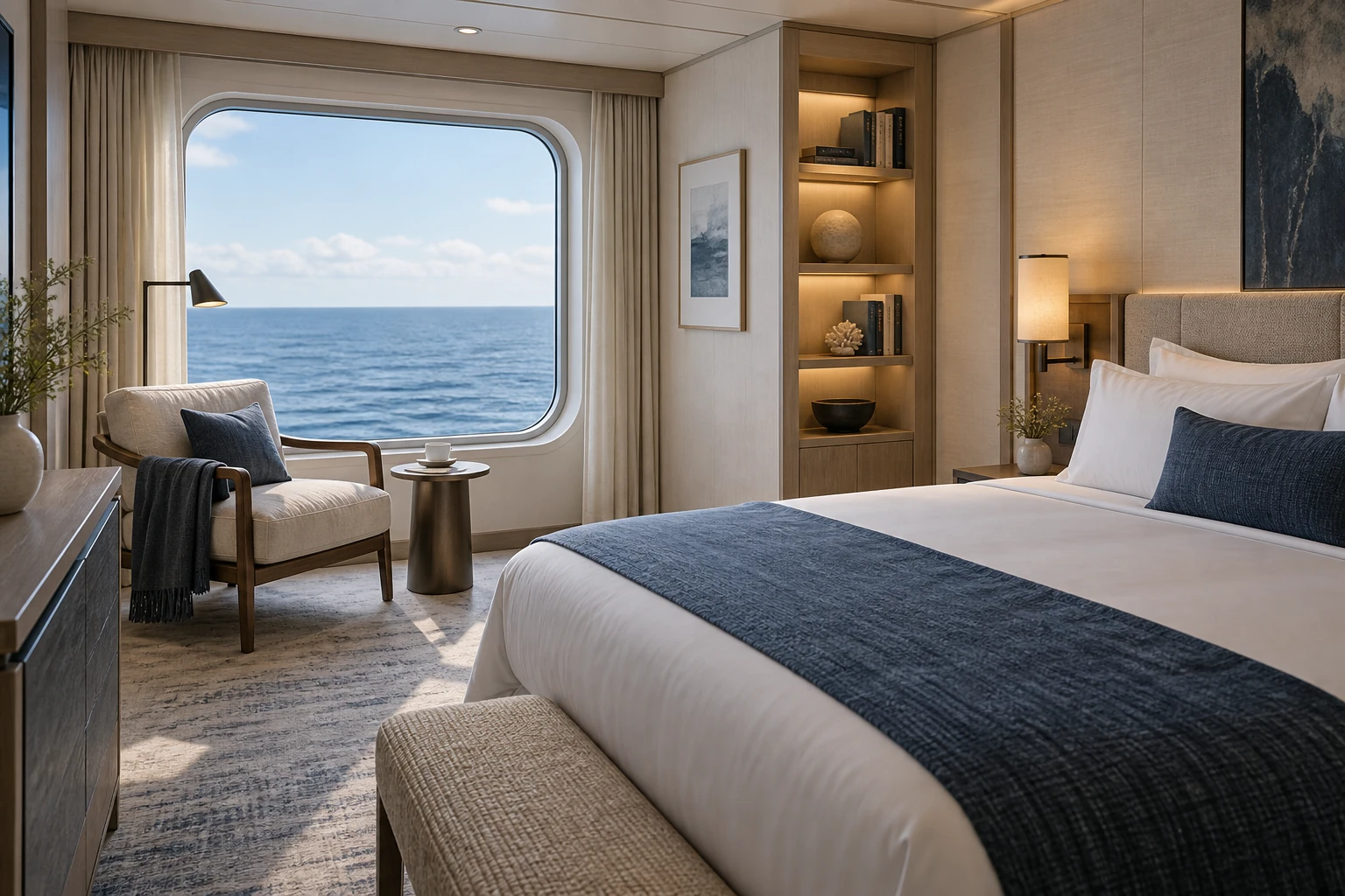 Ocean-facing stateroom with a reading niche and tactile rice-paper textures